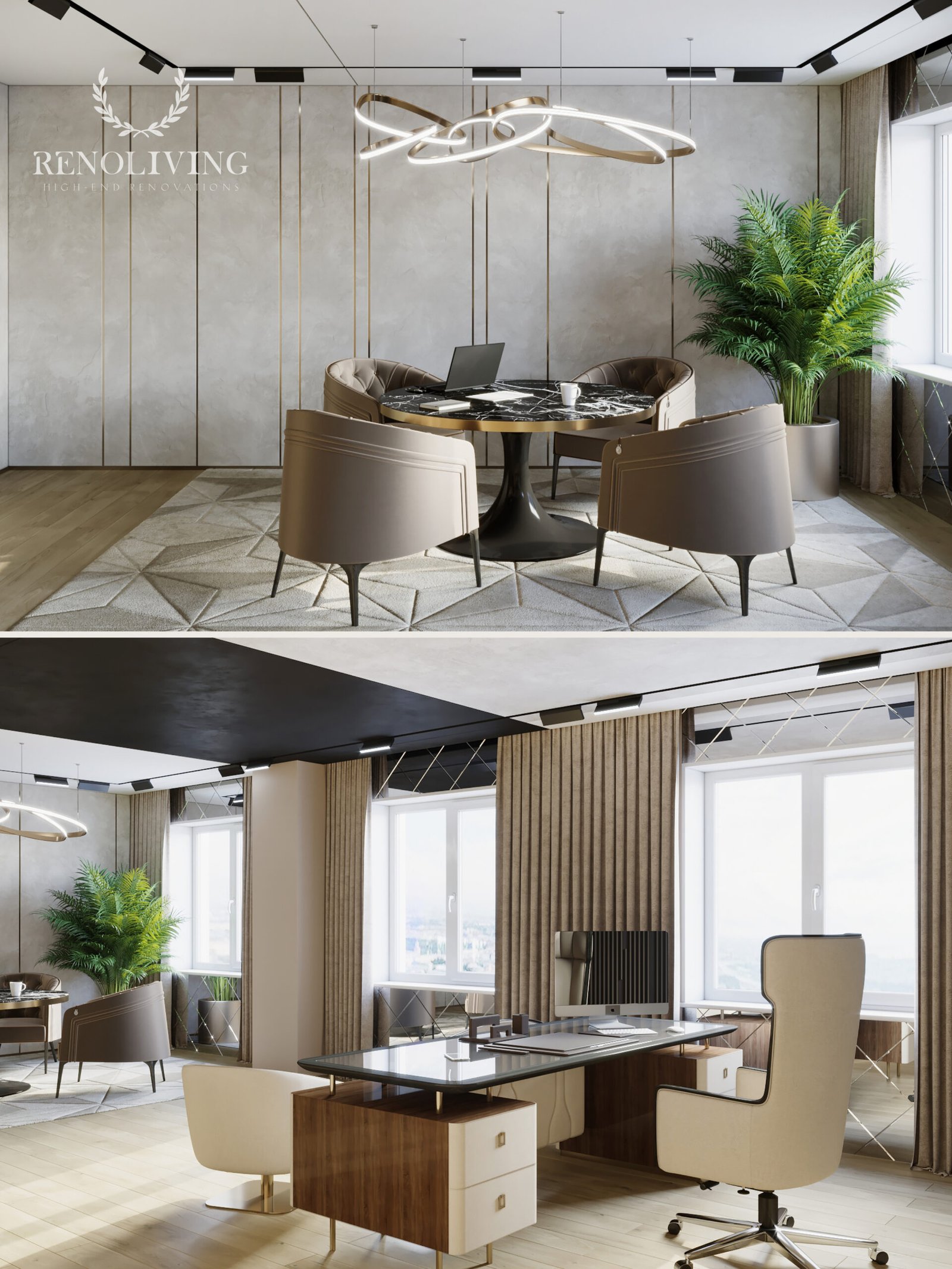 Luxe woonkeuken met marmeren kookeiland.