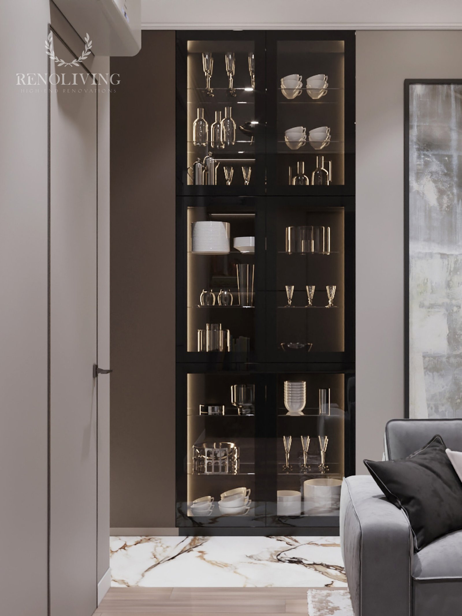 Luxe textiel en wandafwerking in een master suite.