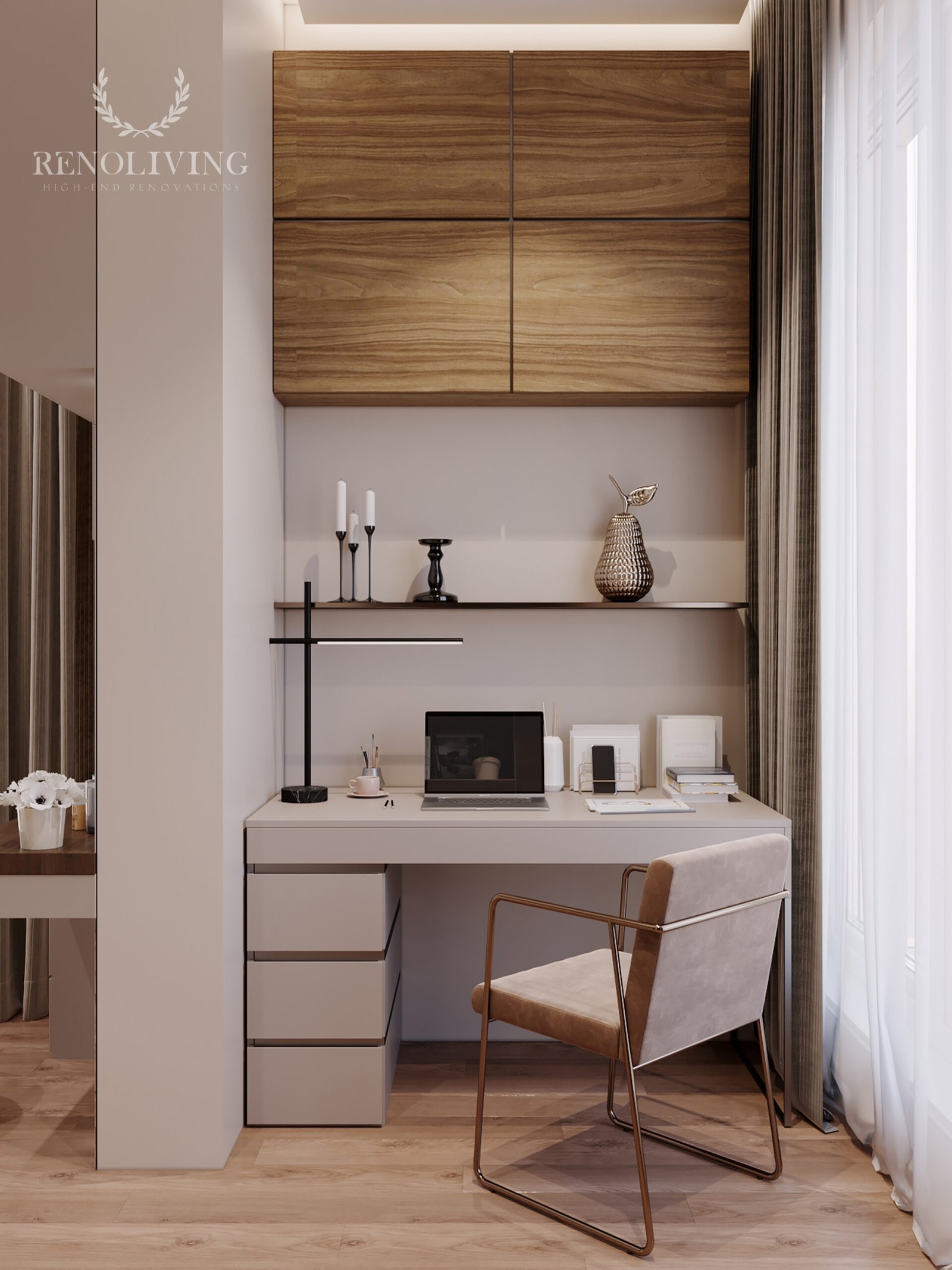 Minimalistische badkamer met eikenhouten accenten.