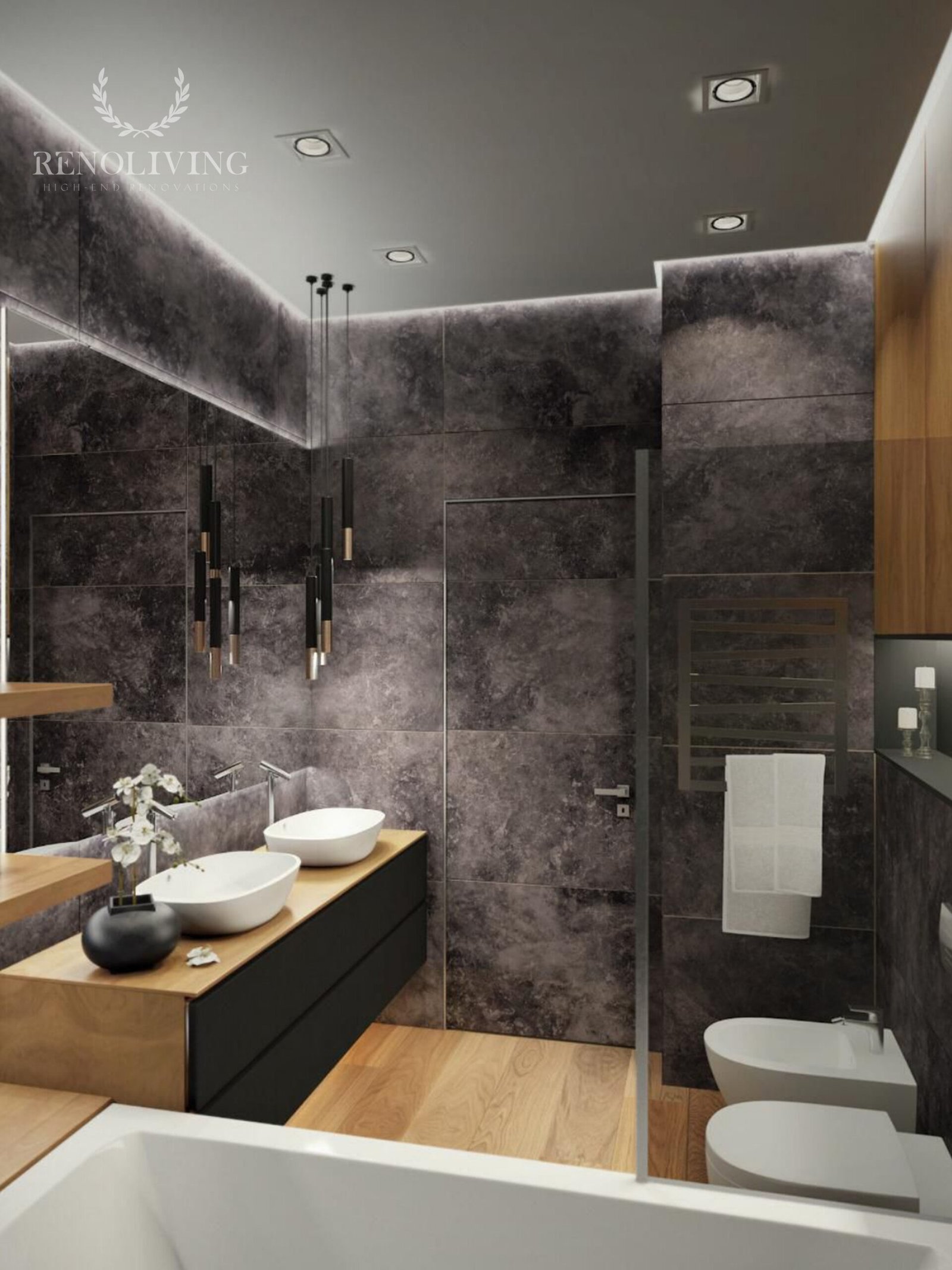 Design trap met houten treden en glazen balustrade.