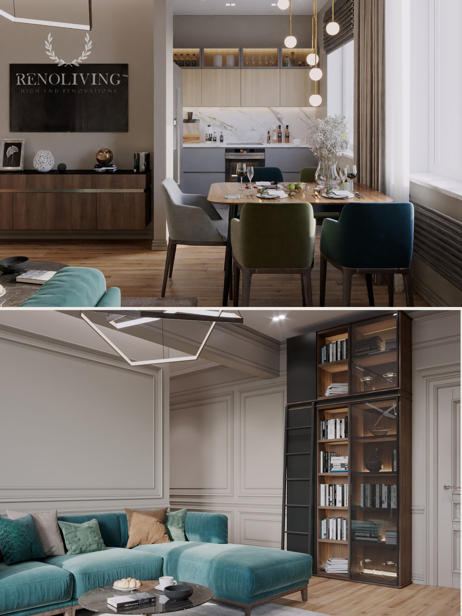 Open leefruimte met naadloze gietvloer en hoge plafonds.