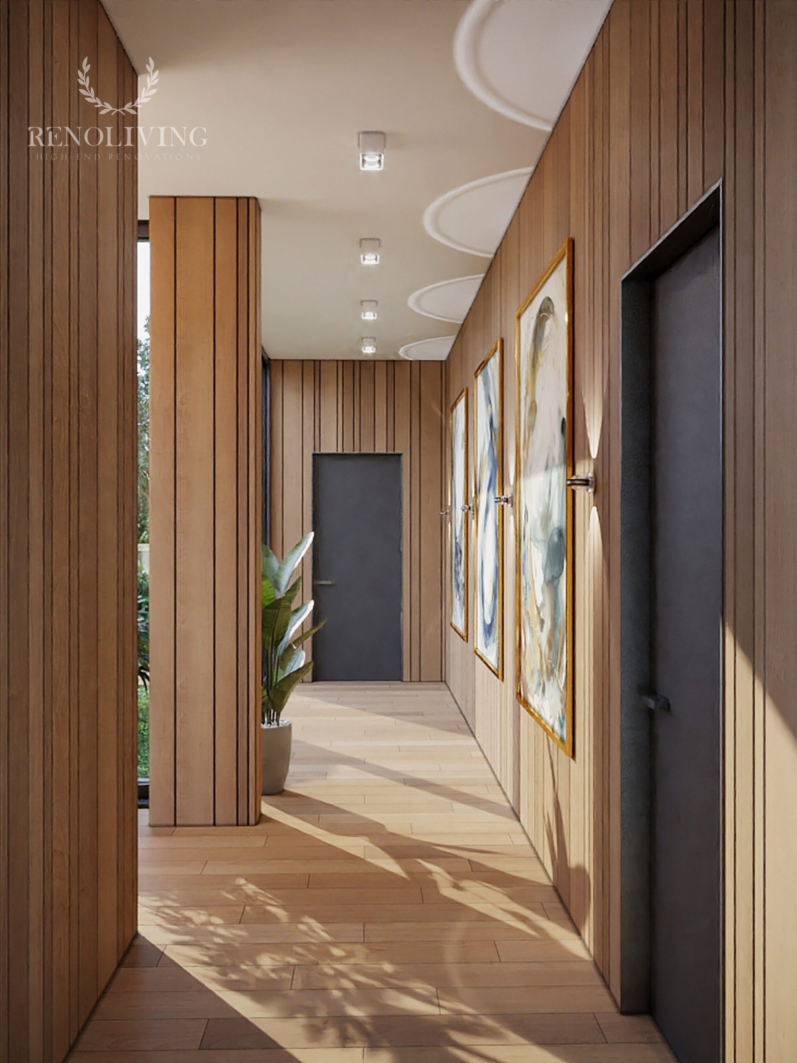 Luxe woonkamer interieur met op maat gemaakte wandpanelen.